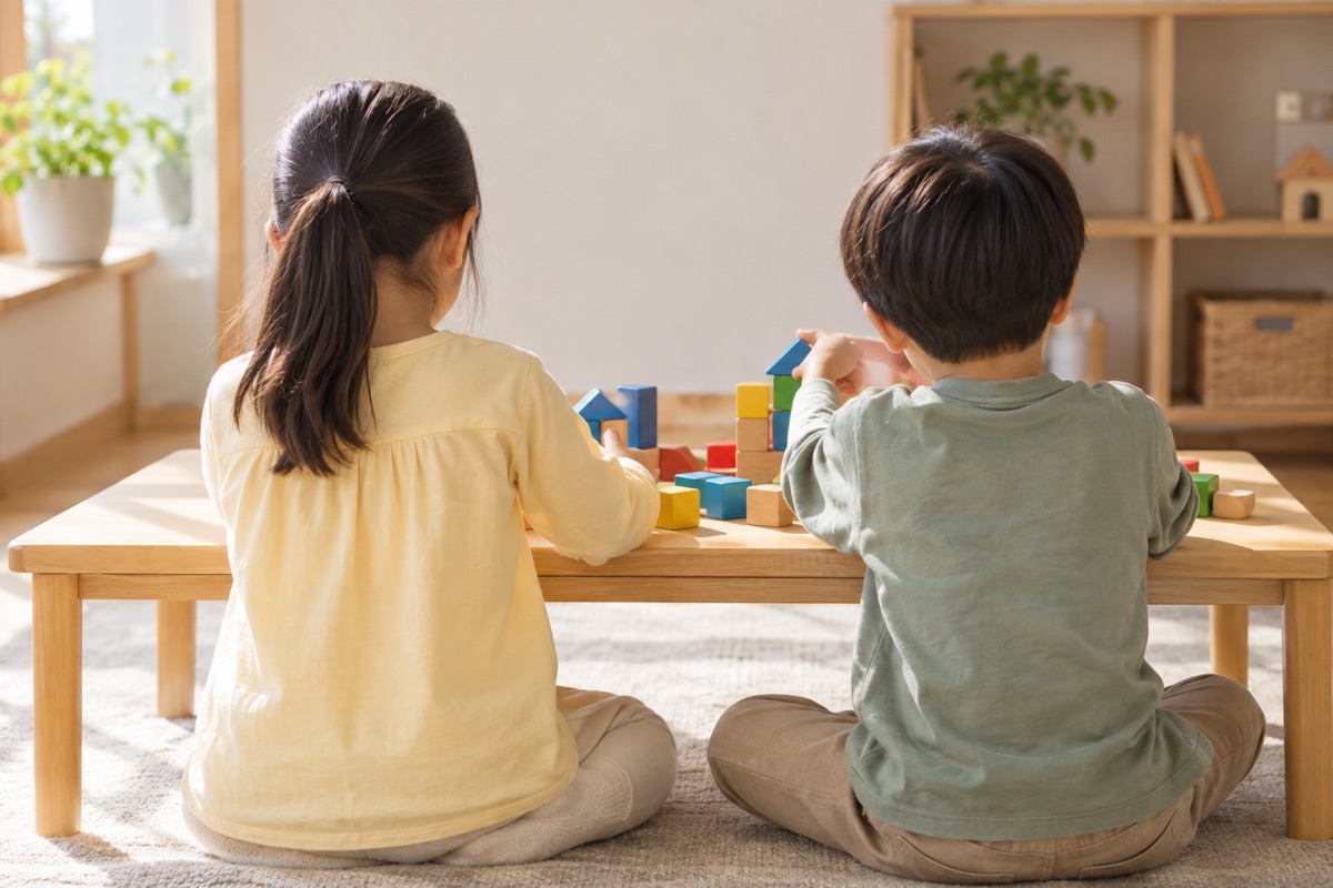 積み木で遊ぶ子どもたちを後ろから見たイメージ