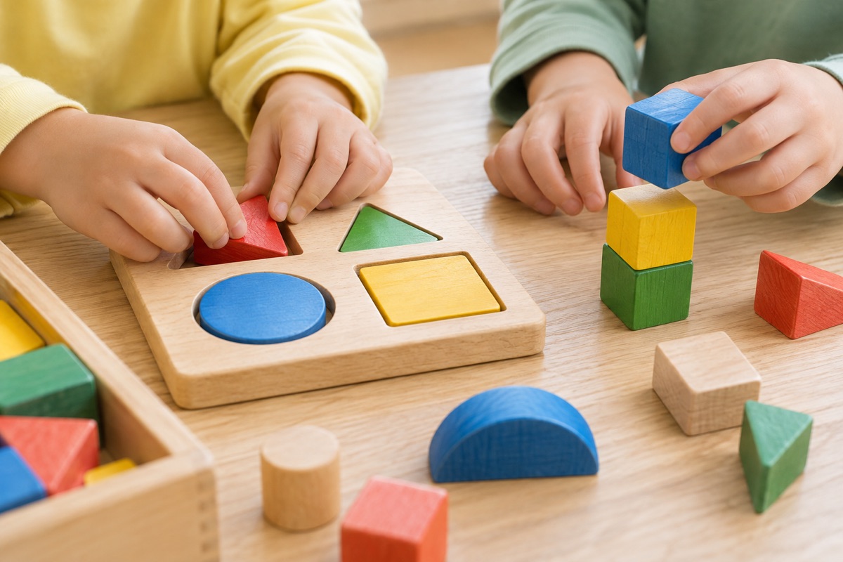 色とりどりの木製パズルで遊ぶ子どもたちの手元のイメージ